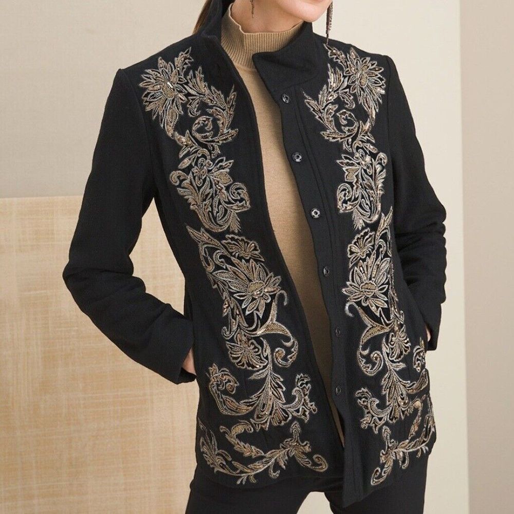 Chicos 3 Womens XL Wool Blend Floral Embellished Beaded Coat Winter